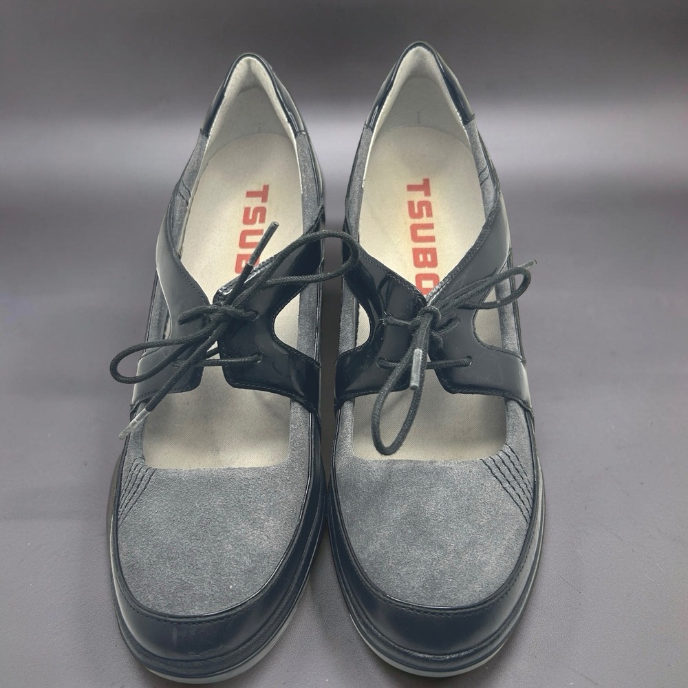 Tsubo Wedge Mary Jane Women Size 9 Black Grey Leather Suede Lace Up 8373-BKEL